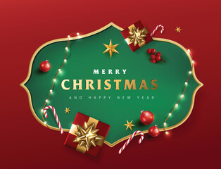 Christmas sign banner frame with empty space and festive decoration on red background