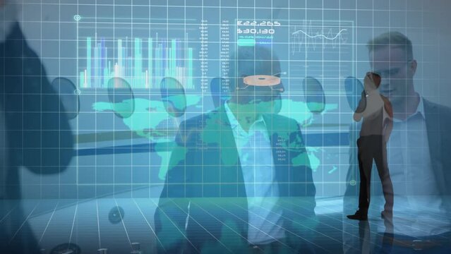 Animation of data processing over caucasian businessmen at airport
