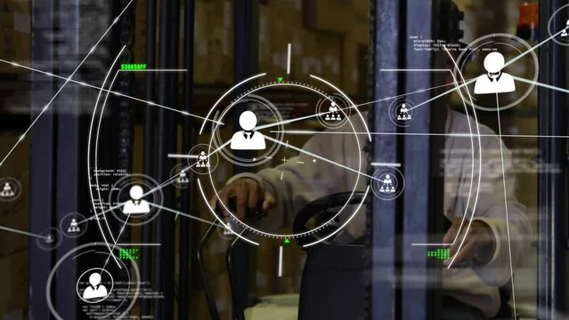 Animation of data processing over caucasian male worker in warehouse