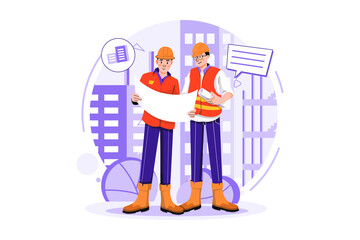 Construction workers discussing on building plan