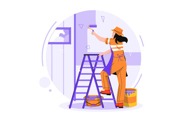 Woman painter painting wall Illustration concept on white background