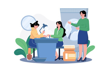 Women in a nail salon receive manicures from beauticians.