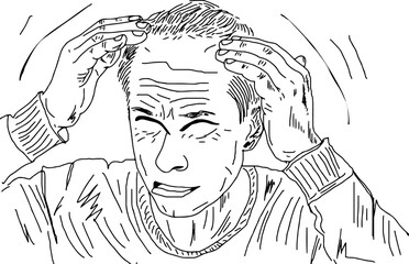 Man worry because of Alopecia, hair loss in young age vector illustration, Young boy  worrying about his hair loss problem sketch drawing, cartoon doodle drawing of male hair loss concept
