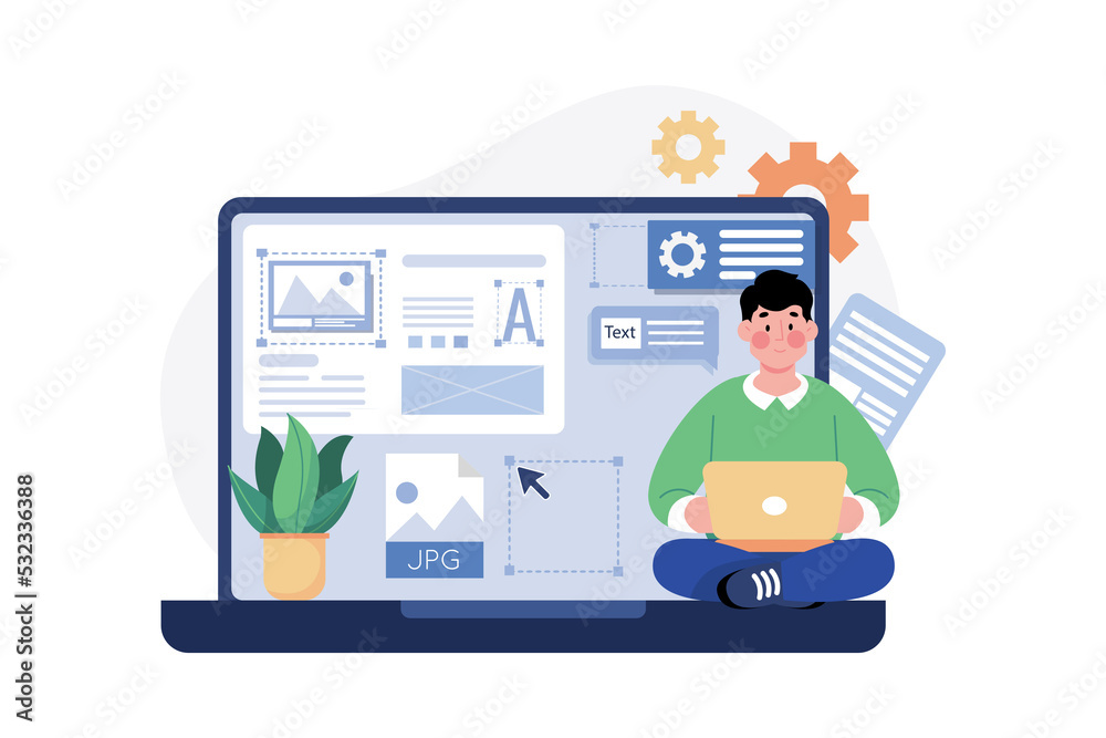 Wall mural man ux designer working on laptop application.