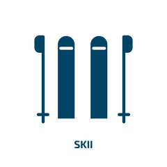 skii icon from outdoor activities collection. Filled skii, sport, activity glyph icons isolated on white background. Black vector skii sign, symbol for web design and mobile apps