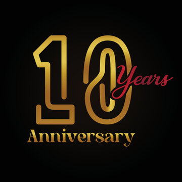 10th anniversary celebration logotype with handwriting golden and red colour elegant design . vector anniversary for celebration, invitation card, and greeting card.