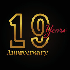 Obraz premium 19th anniversary celebration logotype with handwriting golden and red colour elegant design . vector anniversary for celebration, invitation card, and greeting card.