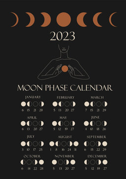 Moon Phases Calendar 2023 With A Girl Line. Waning Gibbous, Waxing Crescent, New Moon, Full Moon With Dates.	