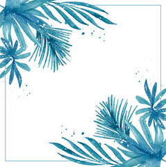 Hand drawn watercolor tropical plants background. Exotic palm leaves, jungle tree, brazil tropic borany elements. Perfect for fabric design. Aloha art.