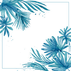 Hand drawn watercolor tropical plants background. Exotic palm leaves, jungle tree, brazil tropic borany elements. Perfect for fabric design. Aloha art.