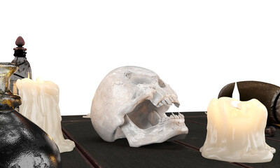 3d render of halloween prop skull melting candles magic potion bottle on old table