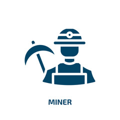 miner icon from professions collection. Filled miner, mineral, natural glyph icons isolated on white background. Black vector miner sign, symbol for web design and mobile apps