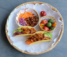 Homemade healthy snacks. Vegan Pulled Pork Taco Fold with Mixed Fruits Basket. Good for between...