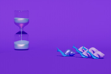 Business competition concept. Snail leading the race against a group of slower snails on purple background. Lazy and slow snail with hourglass. Copy space. 3D illustration.3D render
