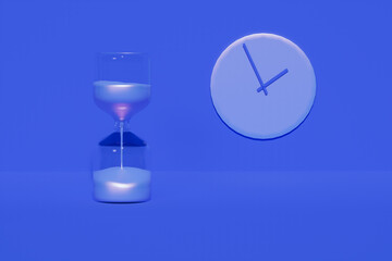 Time Concept Hourglass Sand running through as time passing concept for business inspiration deadline on purple blue background. Deadline, project time limit, task due dates. 3d render
