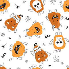 Obraz premium Seamless autumn pattern for Halloween. Funny pumpkins scare and smile. Baby print fabric or paper