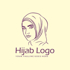 Simple line art hijab or woman veil fashion vector logo template.