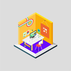 3D isometric of workspace in home isolated on white, architecture design idea, minimalist work space, gadget on table