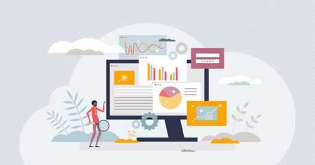 Data dashboard with information charts and analysis tiny person concept. Analytic control and monitoring work with various pie diagrams, schemes and infographics vector illustration. Monitor interface