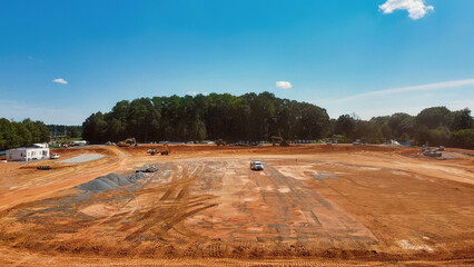 elevated view of job site undergoing land development and grading