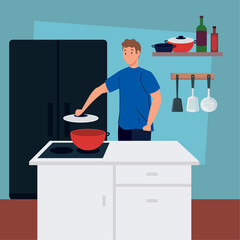 man cooking with pot