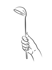 Hand holds ladle for soup. Kitchen accessory metal ladle. Tool, utensils for spill and serving liquid dishes, sauces and soups. Use for menu design, recipes, and kitchen goods. Sketch, linear drawing