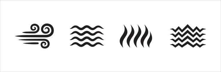 Four elements icon set. Four element energy symbol sets. Wind, air, water, fire flame, earth, land terrain symbols or sign. Graphic design template illustration.
