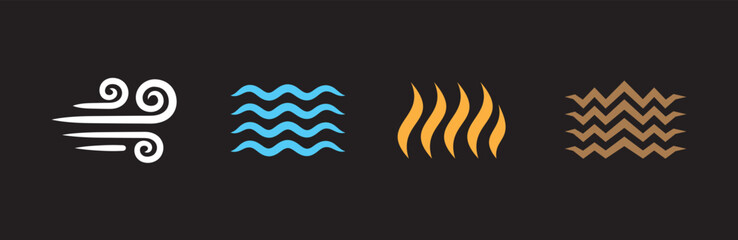 Four elements icon set. Four element energy symbol sets. Wind, air, water, fire flame, earth, land terrain symbols or sign. Graphic design template Simple flat illustrations in black background.