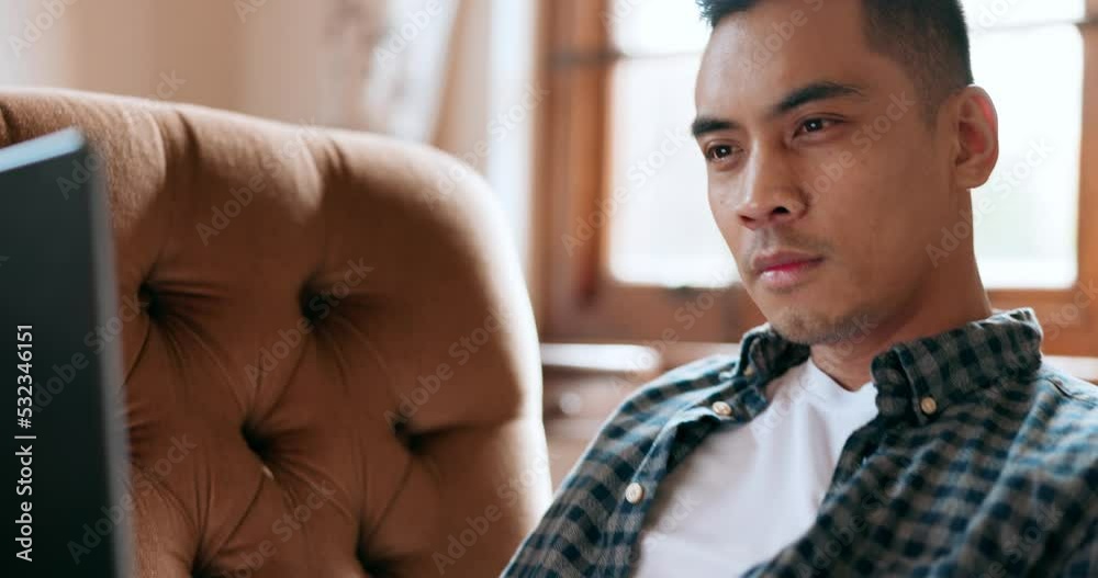 Poster ecommerce, website and thinking man on laptop on home sofa with choice, idea or internet inspiration
