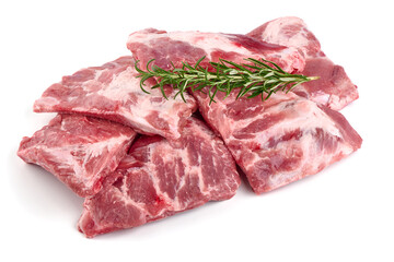 Pork Ribs with rosemary, raw meat, close-up, isolated on white background.