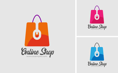 Online Shopping Logo Design Template. Digital Shopping Logo. Mouse Cursor With Bag Concepts Vector Illustration.