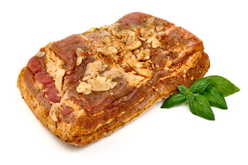 Smoked pork bacon with garlic and spices, isolated on white background.