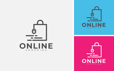 Online Shopping Logo Design Template. Simple And Minimal Style. Mouse Cursor With Bag Concepts Vector Illustration.