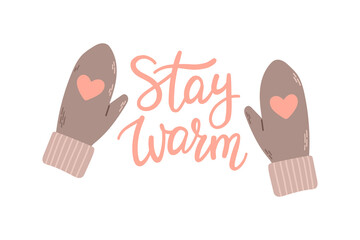 Winter woolen mittens lettering flat design vector