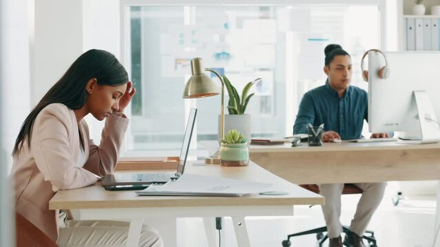 Angry, frustrated business woman on laptop with 404 error, glitch or internet problem while typing email report in office. Stress of corporate marketing worker with job fail or audit review mistake