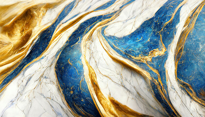 Abstract luxury marble background. Digital art marbling texture. Blue, gold and white colors. 3d illustration
