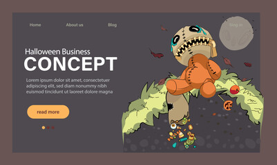 Happy Halloween banner or party invitation background with night clouds and pumpkins. Vector illustration. Full moon in the sky, spiders web and flying bats. Place for text