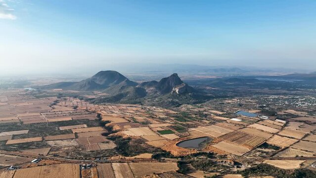 Morelos Valley Mountain Scenery in Mexico, Aerial Drone Establishing Nature Shot with Copy Space in Blue Sky