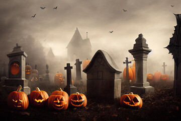 Pumpkins from skulls, bats, moon and tombs in the graveyard on spooky Halloween night. Digital Painting Background, Illustration.