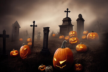 Pumpkins from skulls, bats, moon and tombs in the graveyard on spooky Halloween night. Digital Painting Background, Illustration.