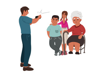 
Happy granddaughter and grandson take a photo portrait with their grandmother on a smartphone camera. Flat vector illustration