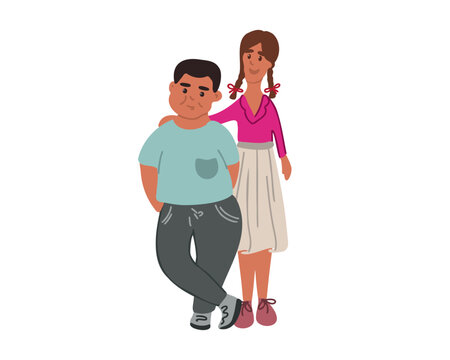 Fat boy and skinny girl. Brother and sister, the concept of a good relationship between children. Flat vector illustration