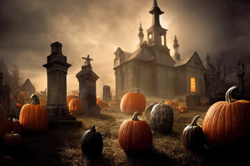 Pumpkins from skulls, bats, moon and tombs in the graveyard on spooky Halloween night. Digital Painting Background, Illustration.