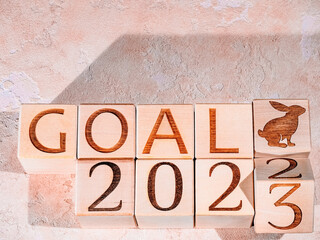 Text 2023 and the rabbit symbol on wooden cubes as a concept of motivation to achieve goals