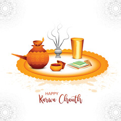 Fototapeta premium Happy karwa chauth with decorated puja thali of greeting card background