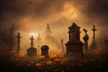 Pumpkins from skulls, bats, moon and tombs in the graveyard on spooky Halloween night. Digital Painting Background, Illustration.