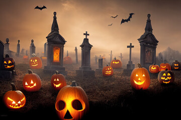 Pumpkins from skulls, bats, moon and tombs in the graveyard on spooky Halloween night. Digital Painting Background, Illustration.