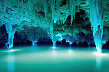 Beautiful blue underground lake inside cave. 3d illustration - obrazy, fototapety, plakaty