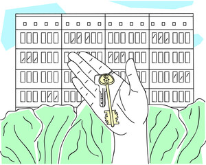 Keys to apartment in hand, against backdrop of house. Real estate or new building, buying or renting home, mortgage or sale. Simple line drawing, sketch. Editable contour. Vector