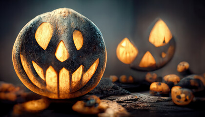 Pumpkins in the shape of skulls, scary, Halloween night mystery. Digital Painting Background, Illustration.